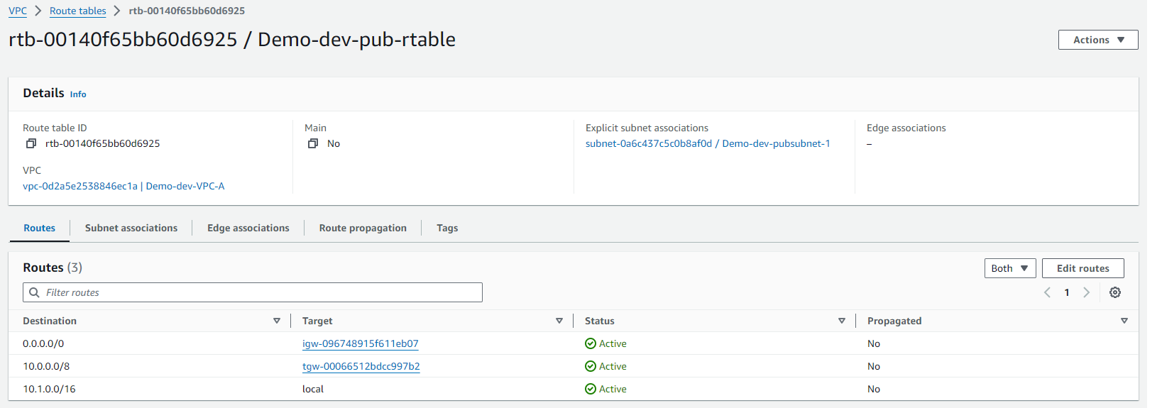 VPC A Route Table